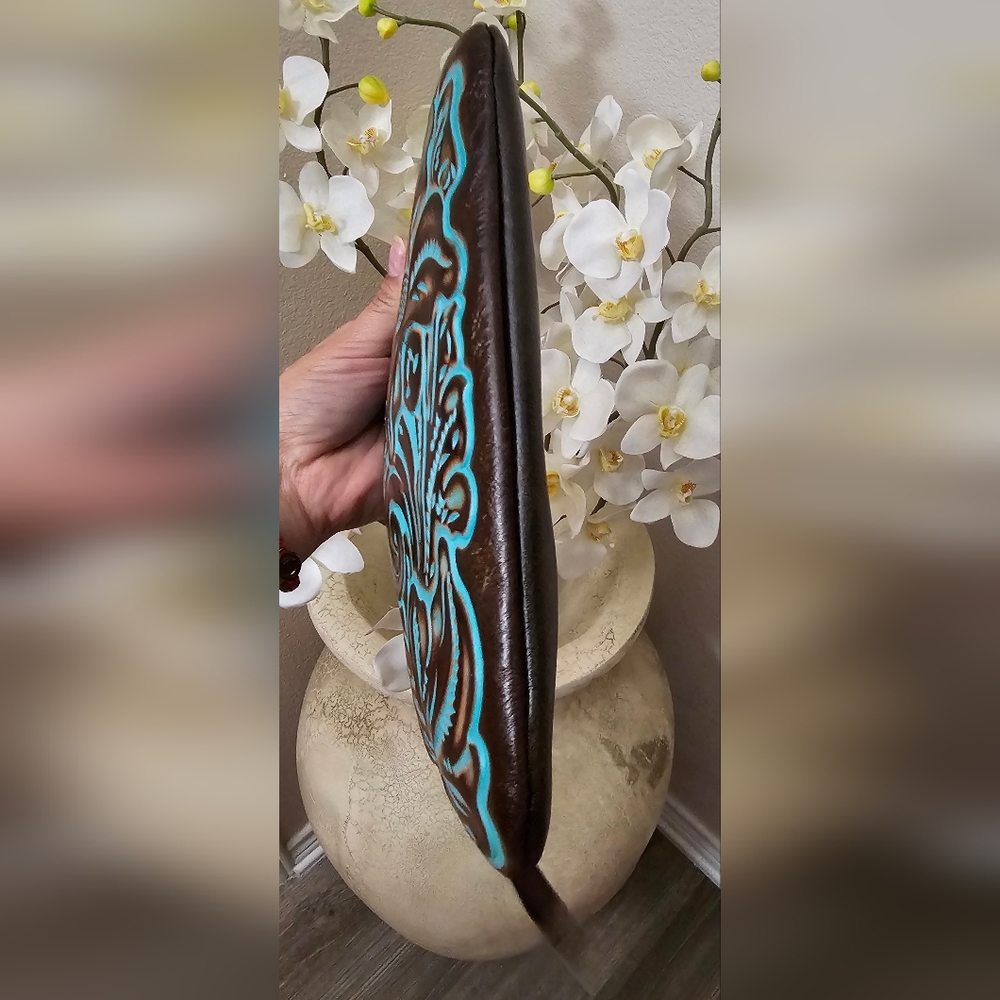 Patricia Nash Leather Large Slim Wristlet Clutch Dark Brown Tooled Turquoise EUC - Picture 10 of 16